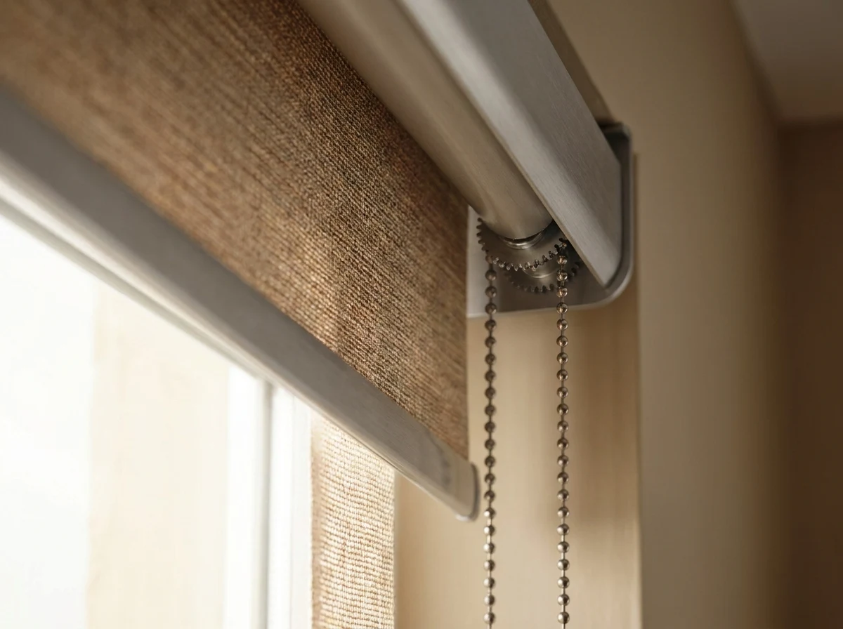 Extreme close-up of a roller blind's fabric texture and aluminium headrail mechanism in clay and limestone tones