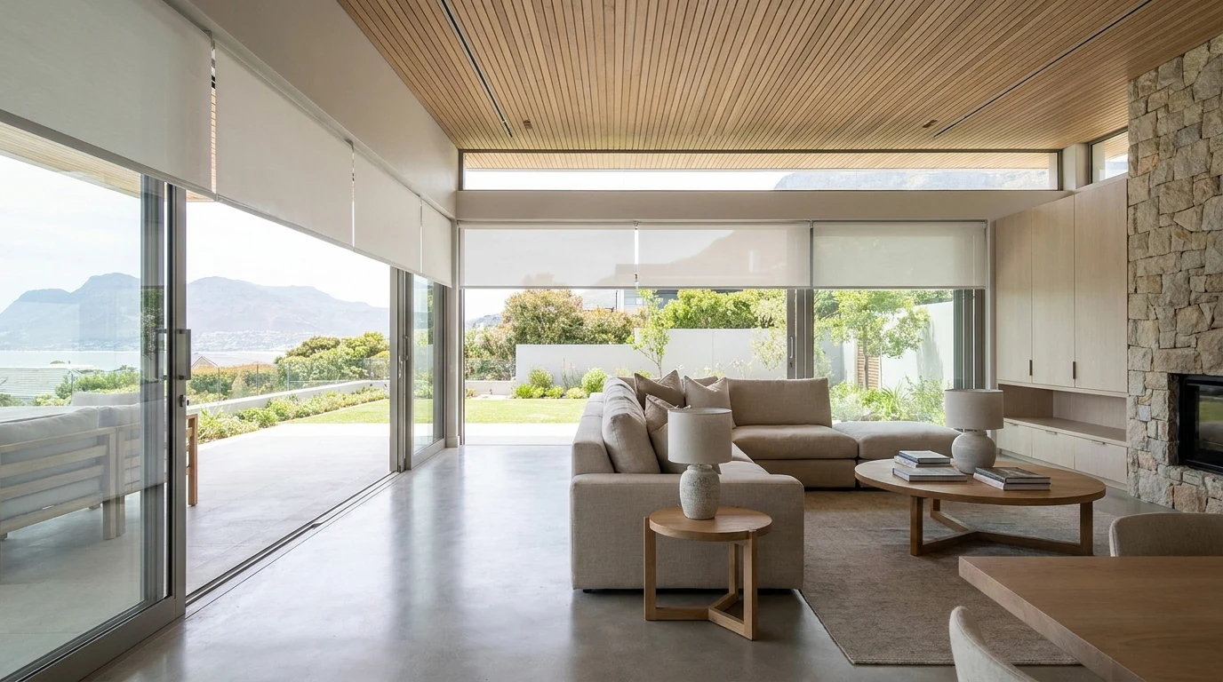 Bright contemporary lounge in a Kanonberg gated estate home with clean white motorised blinds on large sliding glass doors