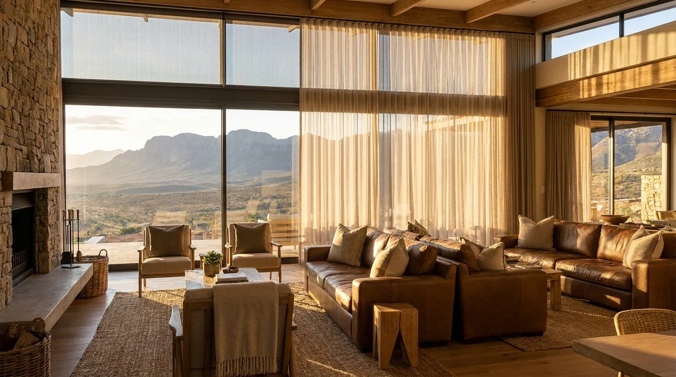 Elegant Plattekloof living room with a wide floor-to-ceiling window framing a dramatic Table Mountain view at golden hour
