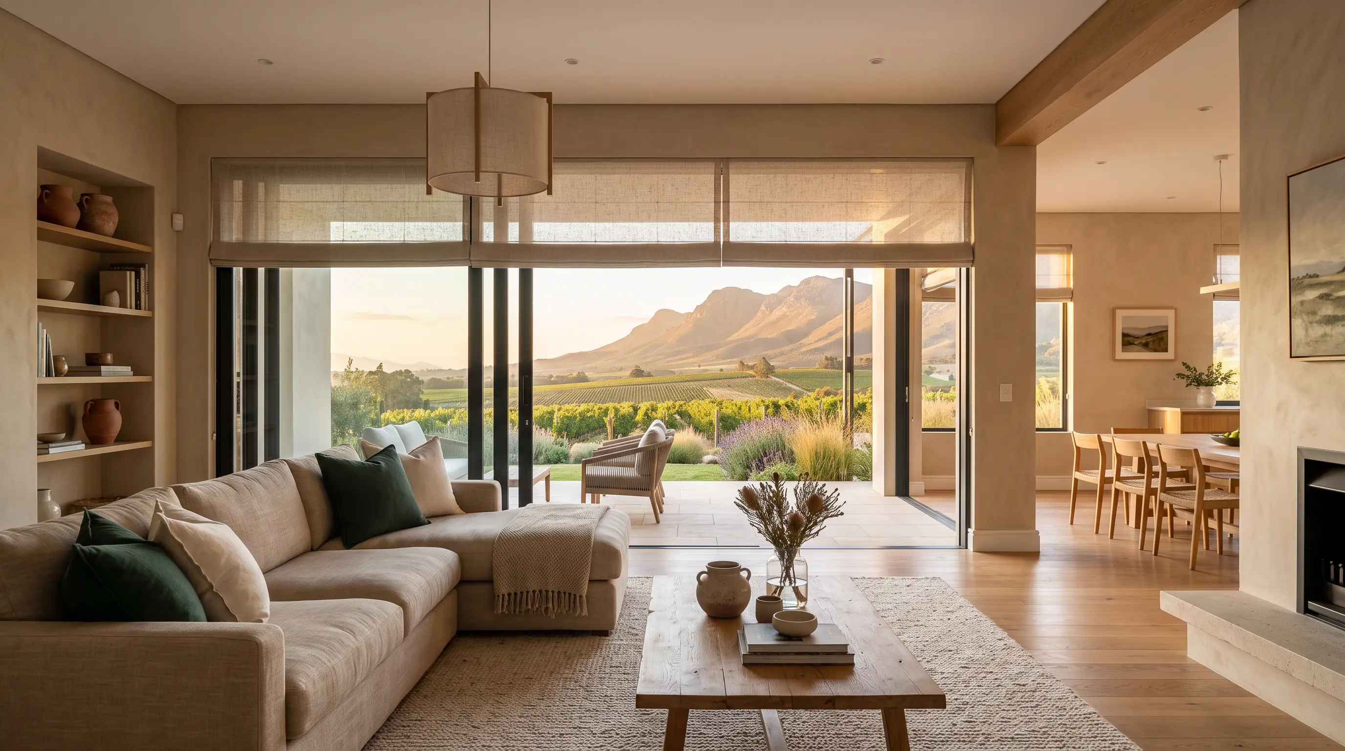 Sunlit open-plan living room in a Durbanville winelands-style home, glass doors opening onto a vineyard and mountain view at golden hour