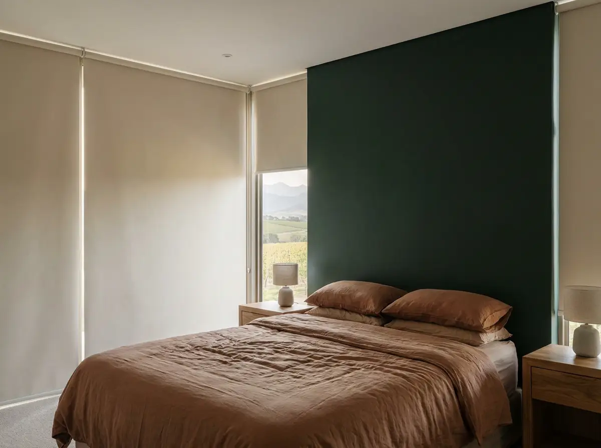 Durbanville main bedroom with a warm neutral roller blind beside a deep green feature wall, vineyard hills visible through the glass