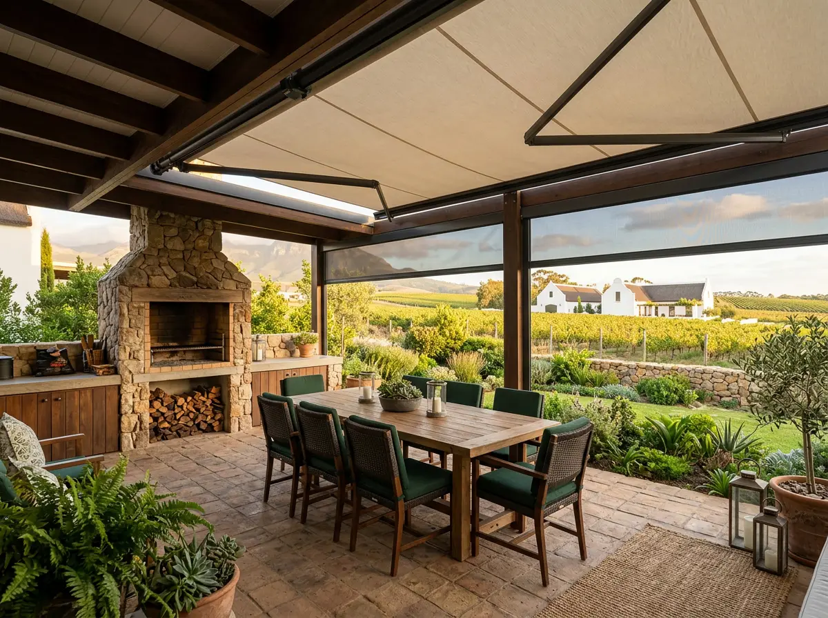 Striped folding-arm awning and zip screen shading a stone-paved Durbanville stoep, with a whitewashed Cape Dutch-style farmhouse across the vineyard