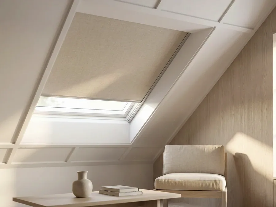 Skylight blind fitted flat against an angled roof window above a Durbanville reading nook